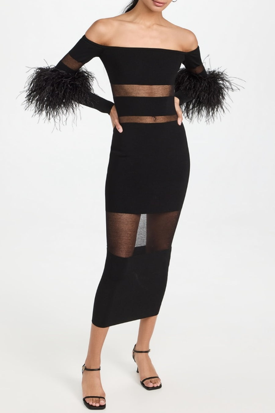 Flowering Girl Women Off Shoulder Feather Mesh Midi Bandage Dress - Black