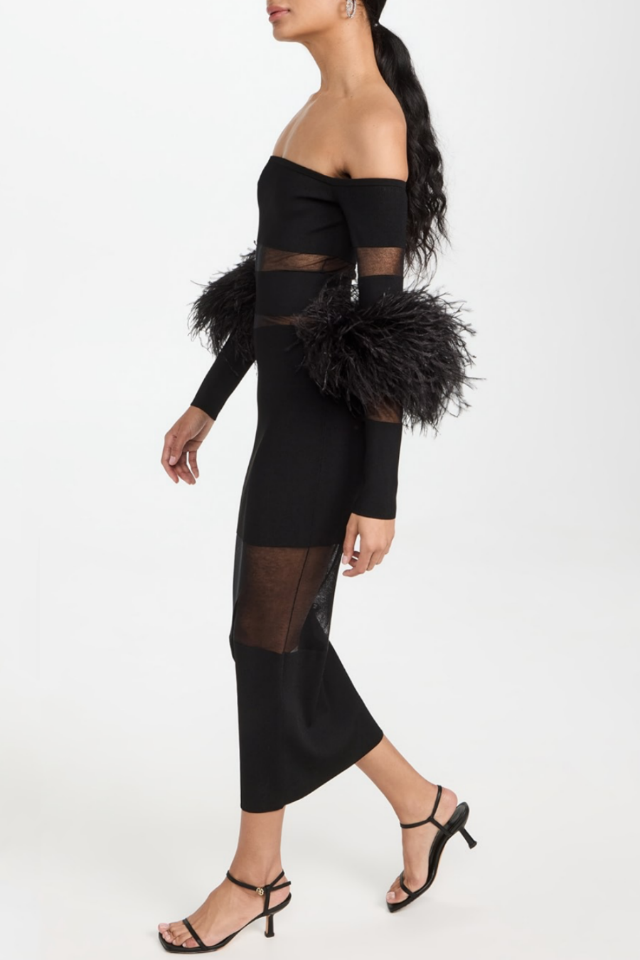 Flowering Girl Women Off Shoulder Feather Mesh Midi Bandage Dress - Black