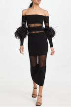 Flowering Girl Women Off Shoulder Feather Mesh Midi Bandage Dress - Black