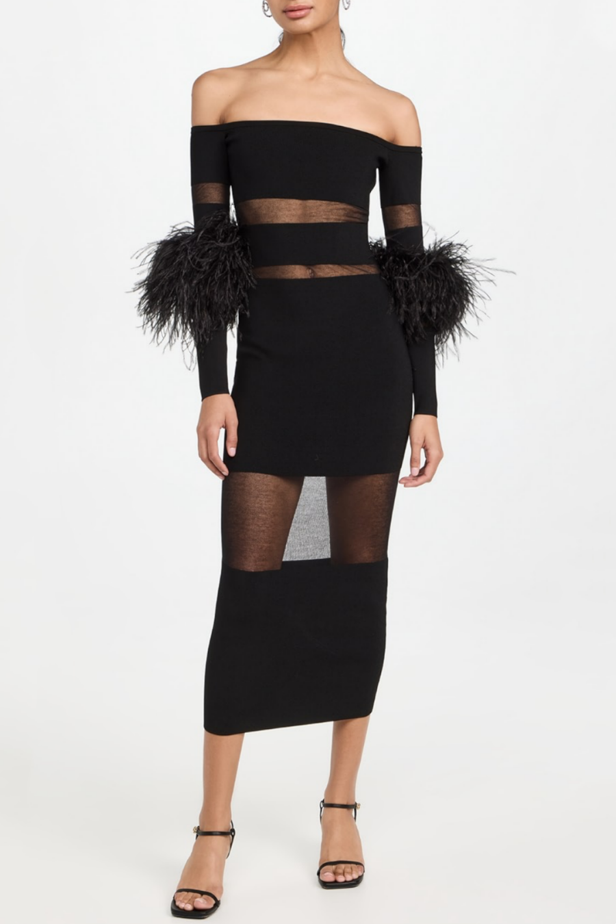 Flowering Girl Women Off Shoulder Feather Mesh Midi Bandage Dress - Black