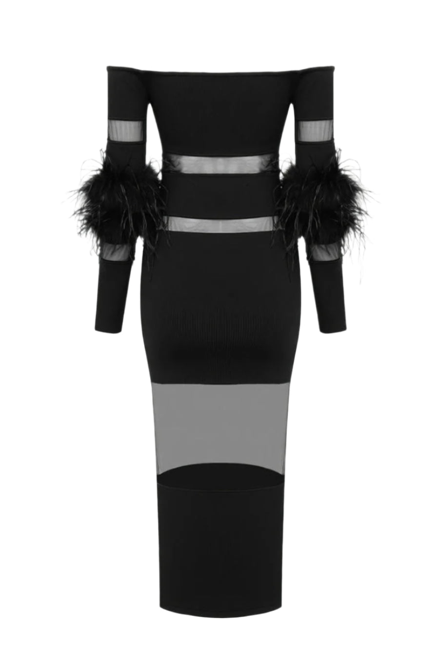 Flowering Girl Women Off Shoulder Feather Mesh Midi Bandage Dress - Black