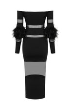 Flowering Girl Women Off Shoulder Feather Mesh Midi Bandage Dress - Black