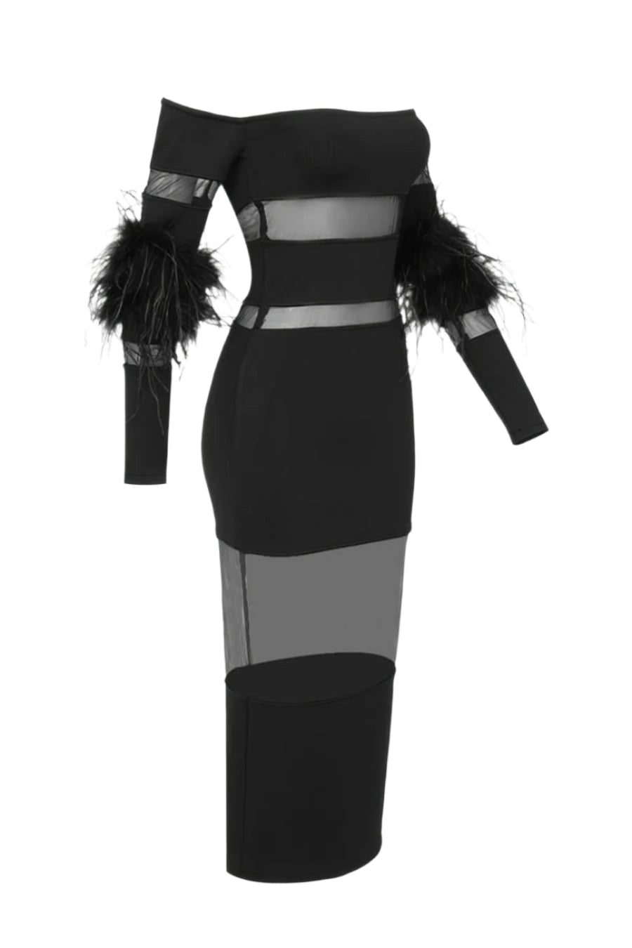 Flowering Girl Women Off Shoulder Feather Mesh Midi Bandage Dress - Black
