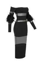 Flowering Girl Women Off Shoulder Feather Mesh Midi Bandage Dress - Black