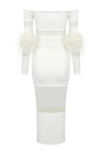 Flowering Girl Women Off Shoulder Feather Mesh Midi Bandage Dress - White