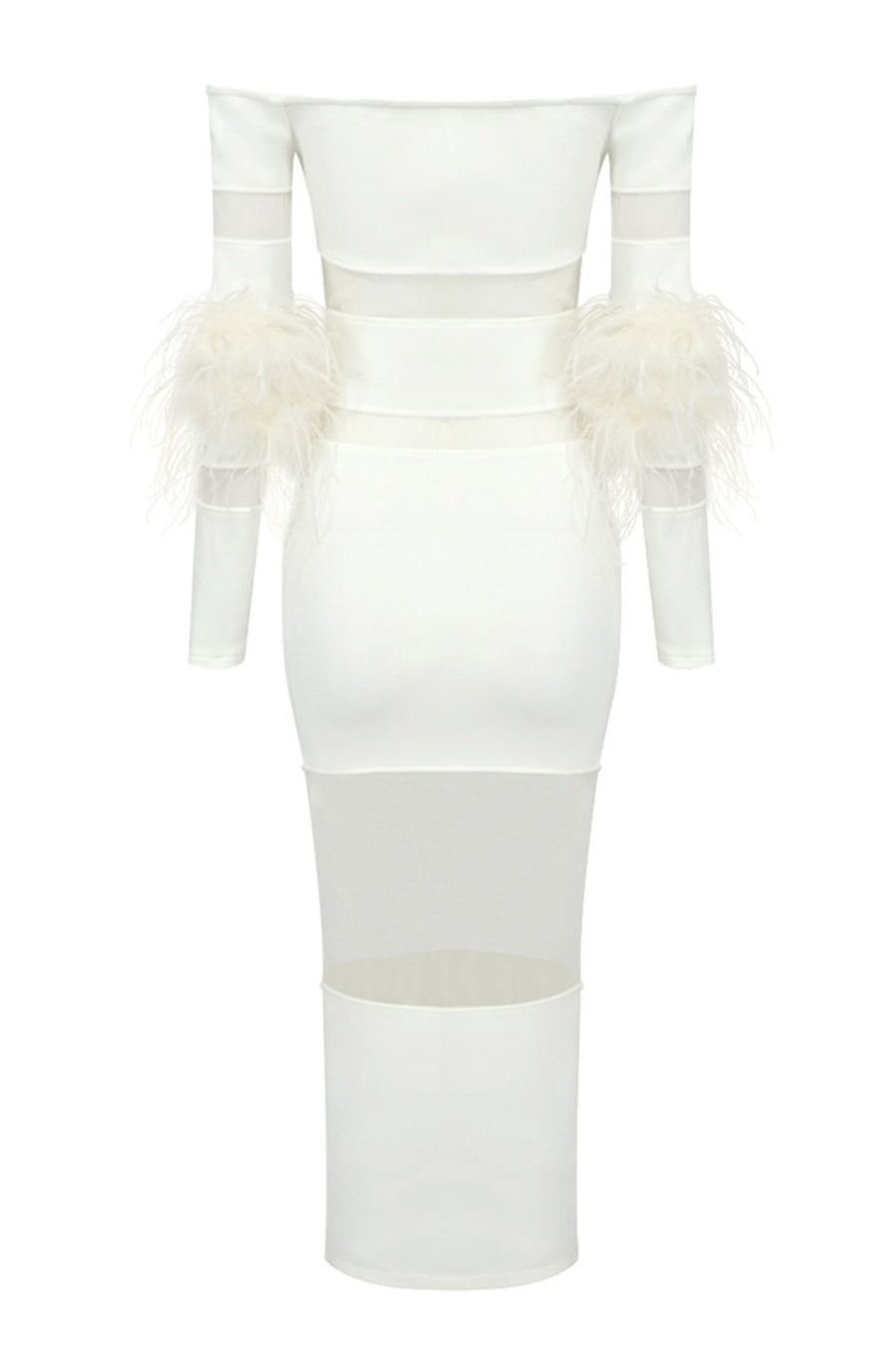 Flowering Girl Women Off Shoulder Feather Mesh Midi Bandage Dress - White