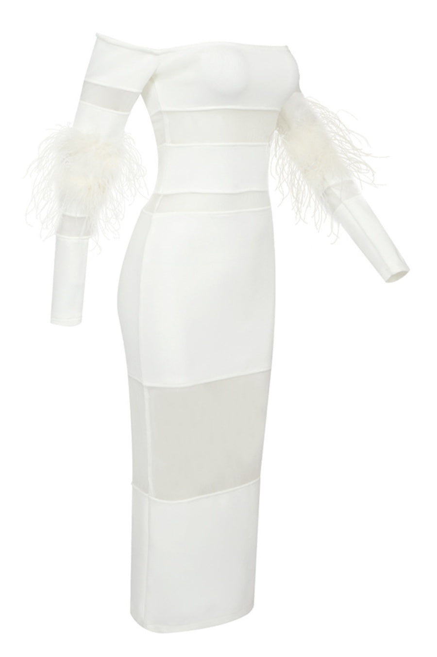 Flowering Girl Women Off Shoulder Feather Mesh Midi Bandage Dress - White