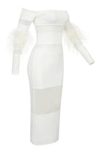 Flowering Girl Women Off Shoulder Feather Mesh Midi Bandage Dress - White