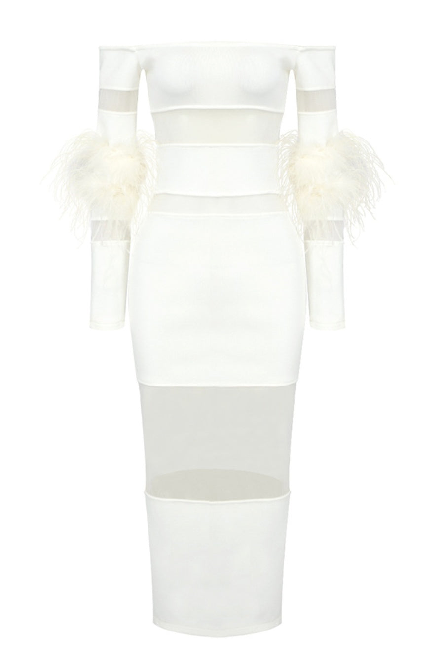 Flowering Girl Women Off Shoulder Feather Mesh Midi Bandage Dress - White