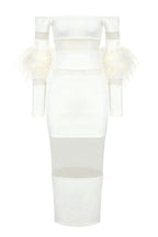 Flowering Girl Women Off Shoulder Feather Mesh Midi Bandage Dress - White