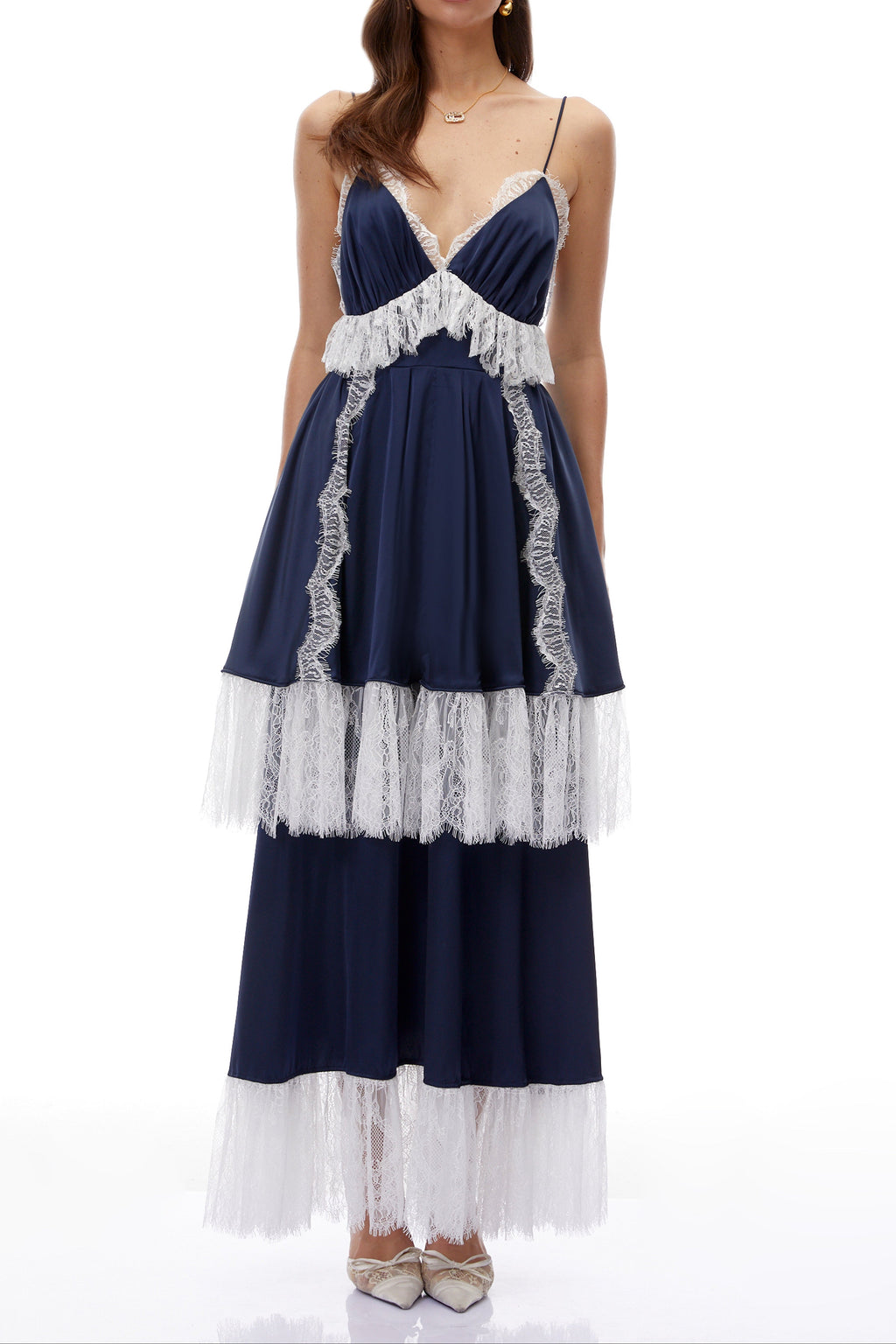 Flowering Girl Women Navy Spaghetti Strap V-Neck Tiered Lace Fringe Maxi Dress