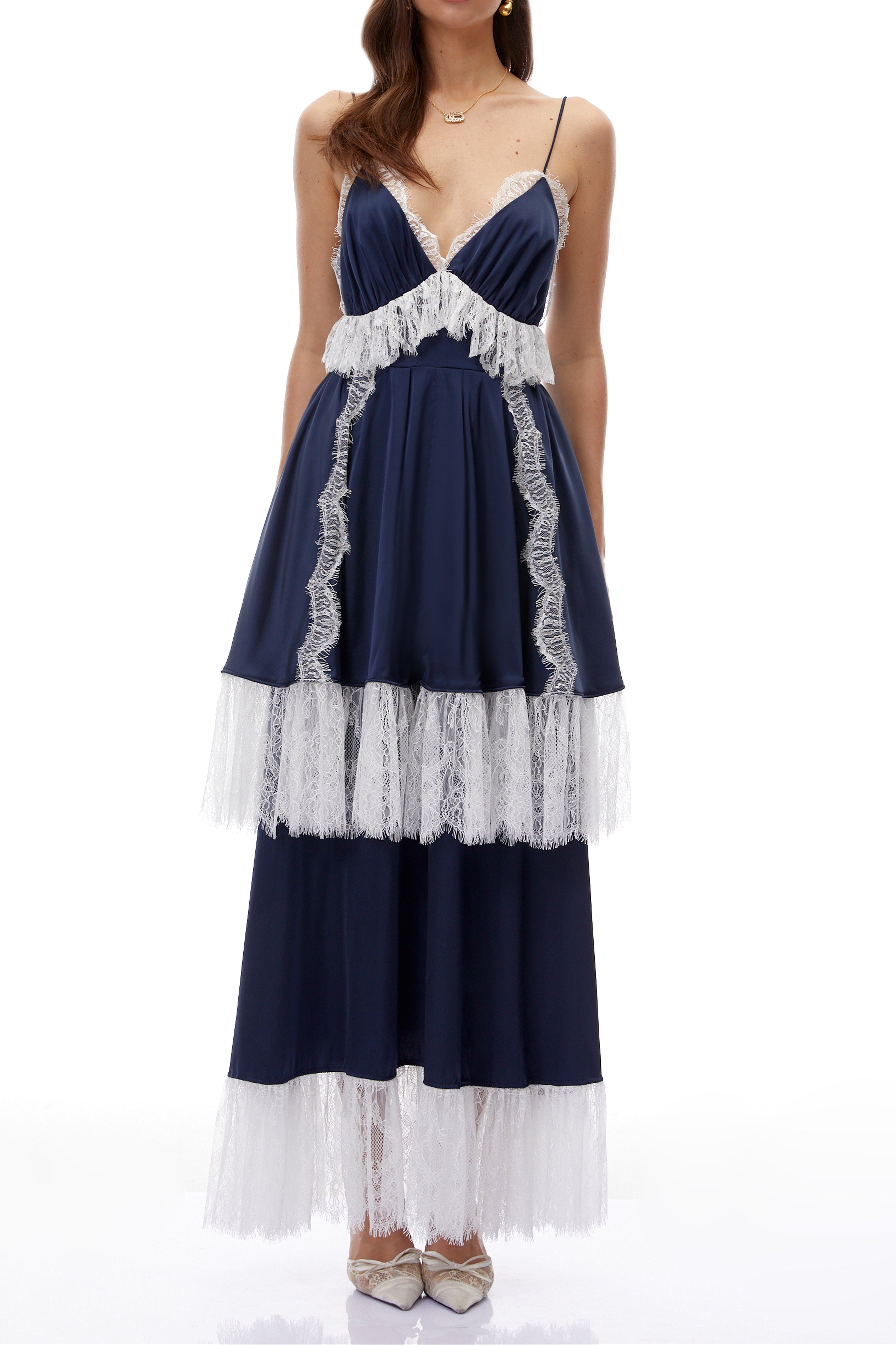 Flowering Girl Women Navy Spaghetti Strap V-Neck Tiered Lace Fringe Maxi Dress