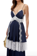 Flowering Girl Women Navy Spaghetti Strap V-Neck Tiered Lace Fringe Maxi Dress