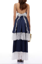 Flowering Girl Women Navy Spaghetti Strap V-Neck Tiered Lace Fringe Maxi Dress