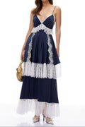Flowering Girl Women Navy Spaghetti Strap V-Neck Tiered Lace Fringe Maxi Dress