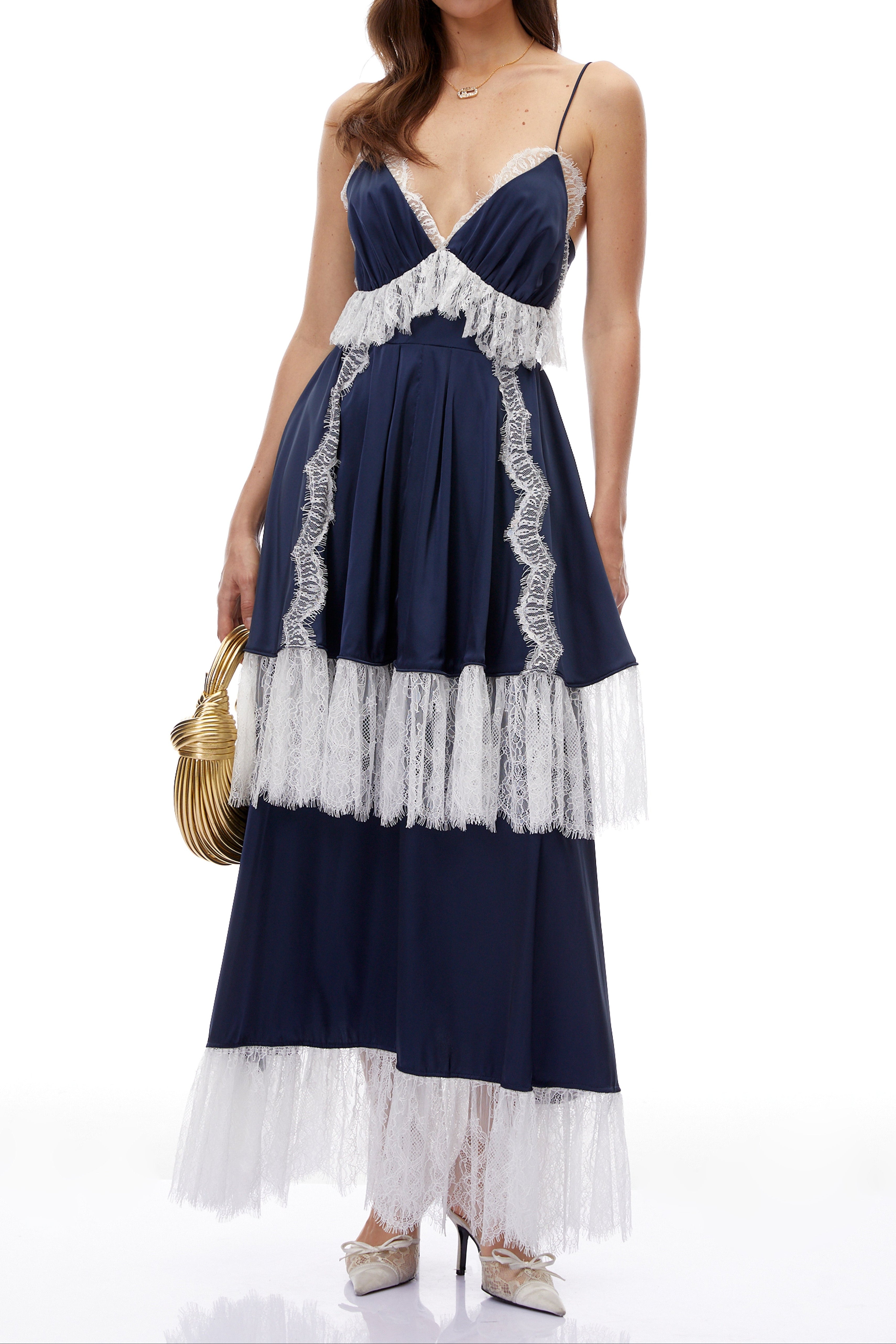 Flowering Girl Women Navy Spaghetti Strap V-Neck Tiered Lace Fringe Maxi Dress
