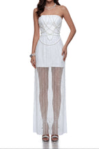 Flowering Girl Women Strapless Crisscross Pearl Beaded Sheer Mesh Maxi Dress