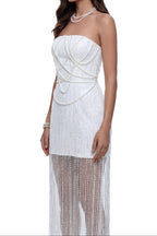 Flowering Girl Women Strapless Crisscross Pearl Beaded Sheer Mesh Maxi Dress
