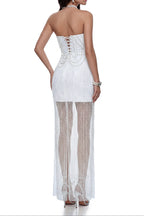 Flowering Girl Women Strapless Crisscross Pearl Beaded Sheer Mesh Maxi Dress