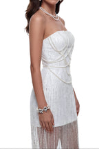 Flowering Girl Women Strapless Crisscross Pearl Beaded Sheer Mesh Maxi Dress
