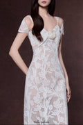 phoenix floral Applique hollow lace Midi Dress - white