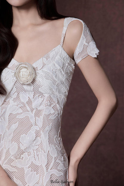 phoenix floral Applique hollow lace Midi Dress - white