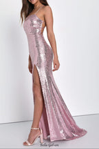 Sequin Lace-Up Mermaid Maxi Dress in pink