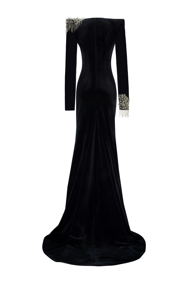 Flowering Girl Women embroidered velvet maxi dress in black