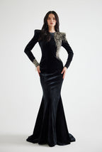 Flowering Girl Women embroidered velvet maxi dress in black