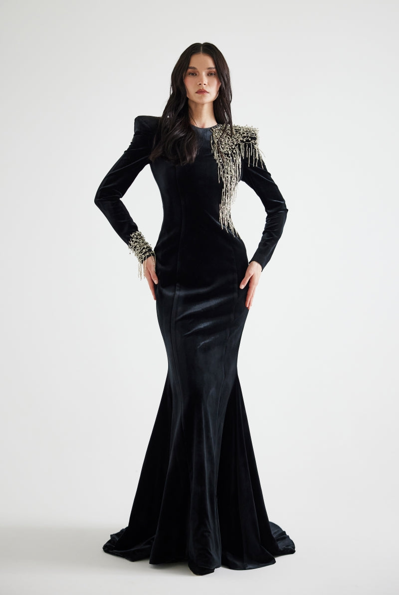 Flowering Girl Women embroidered velvet maxi dress in black