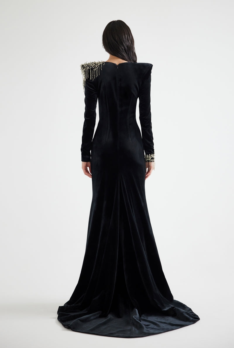 Flowering Girl Women embroidered velvet maxi dress in black
