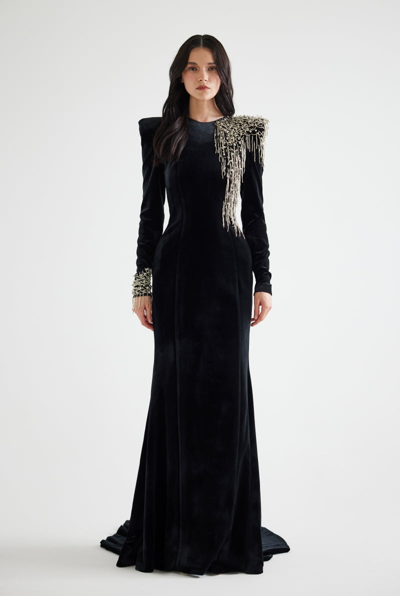 Flowering Girl Women embroidered velvet maxi dress in black