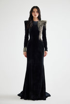Flowering Girl Women embroidered velvet maxi dress in black
