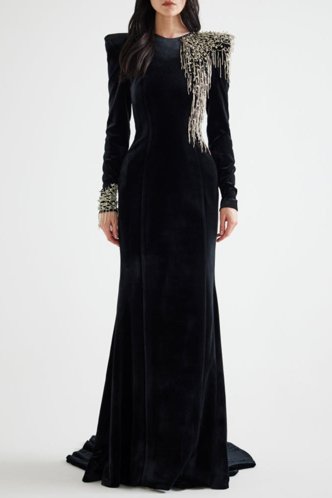 Flowering Girl Women Embroidered Velvet Maxi Dress In Black