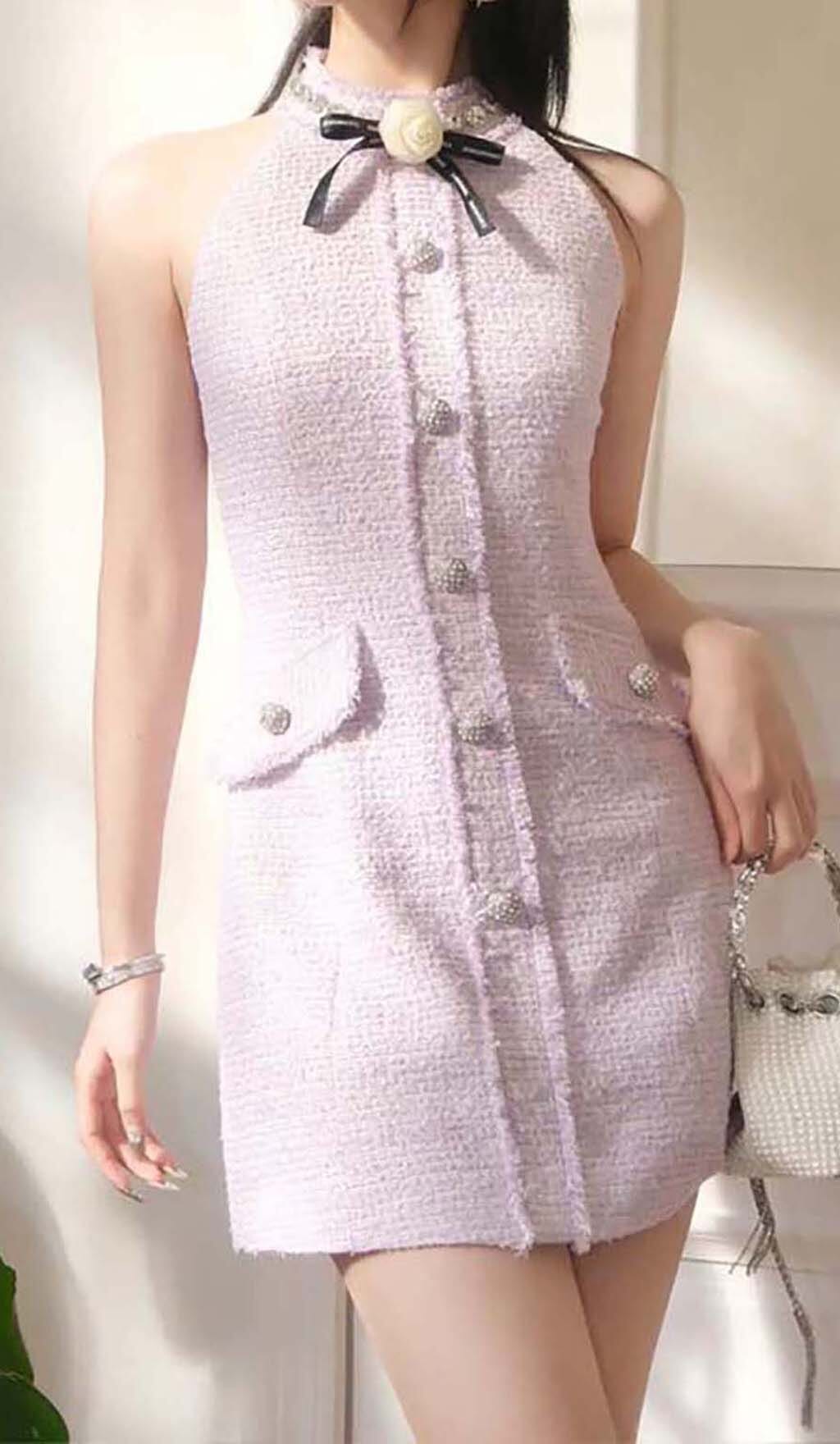 Flowering Girl Women Halter Bow Neck Tweed Mini Dress In Lilac