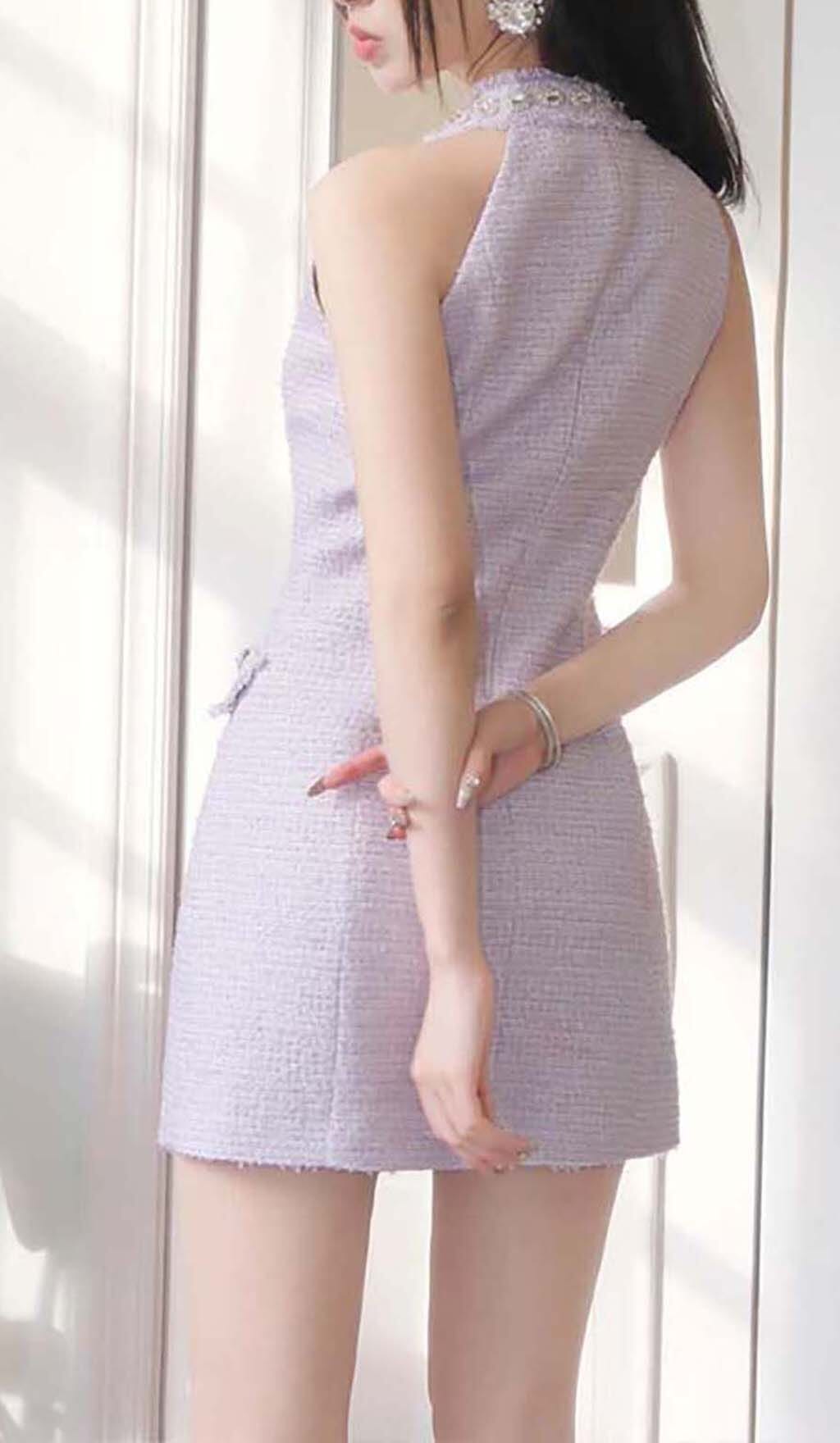 Flowering Girl Women Halter Bow Neck Tweed Mini Dress In Lilac