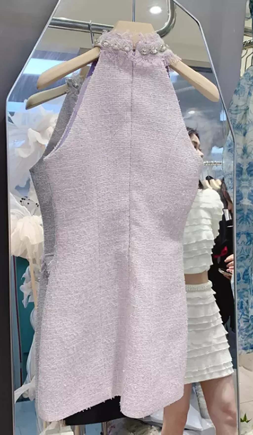 Flowering Girl Women Halter Bow Neck Tweed Mini Dress In Lilac