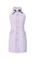 Flowering Girl Women Halter Bow Neck Tweed Mini Dress In Lilac