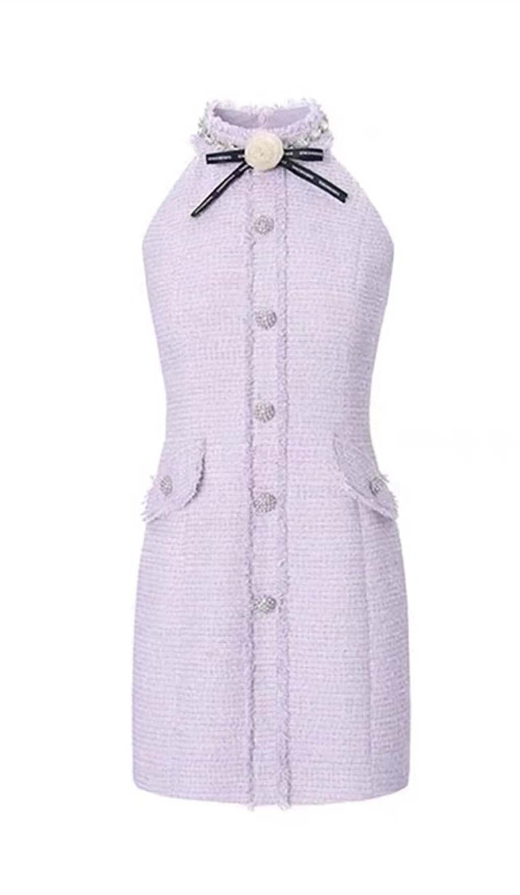 Flowering Girl Women Halter Bow Neck Tweed Mini Dress In Lilac