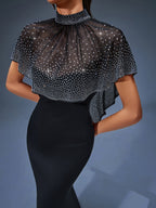 iris Beaded Neck Tulle Cape Maxi Dress in black