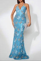 jennifer Sequin Butterflies embellished Maxi Dress in blue