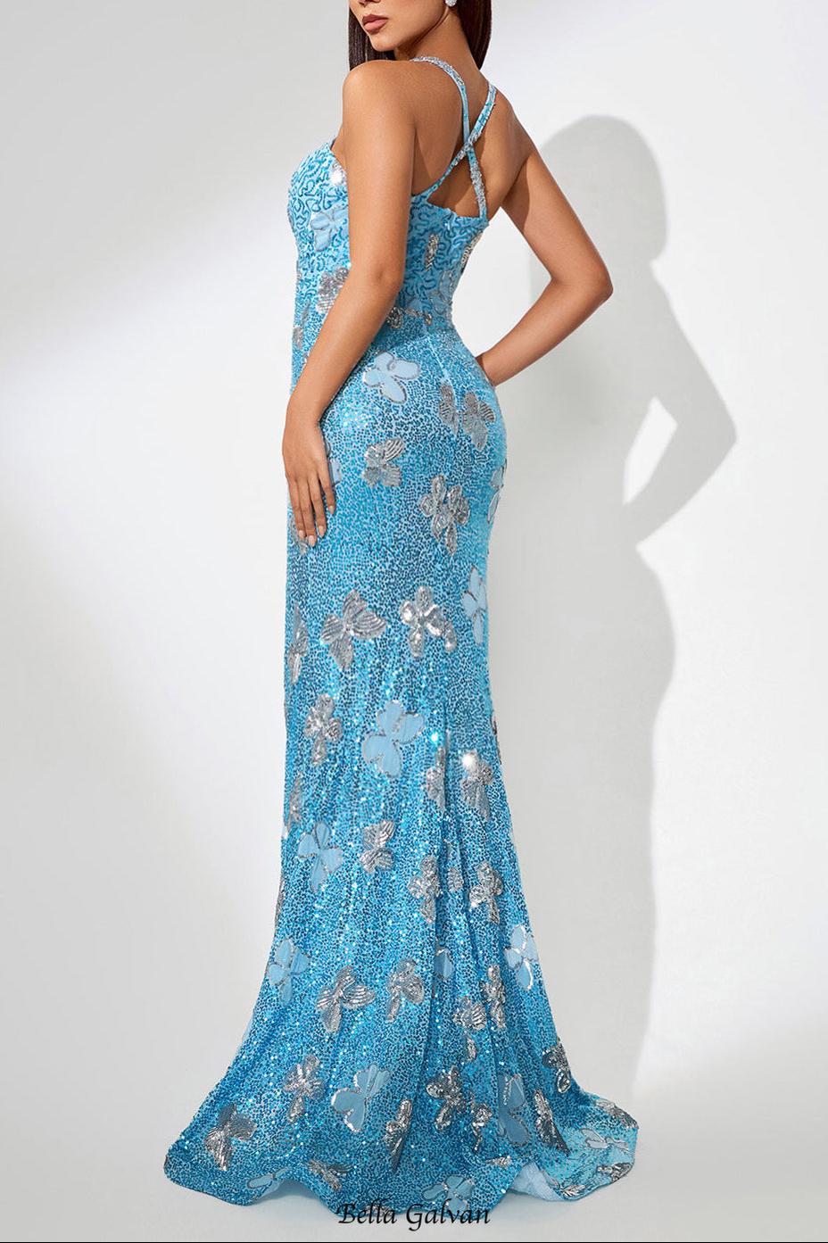 jennifer Sequin Butterflies embellished Maxi Dress in blue