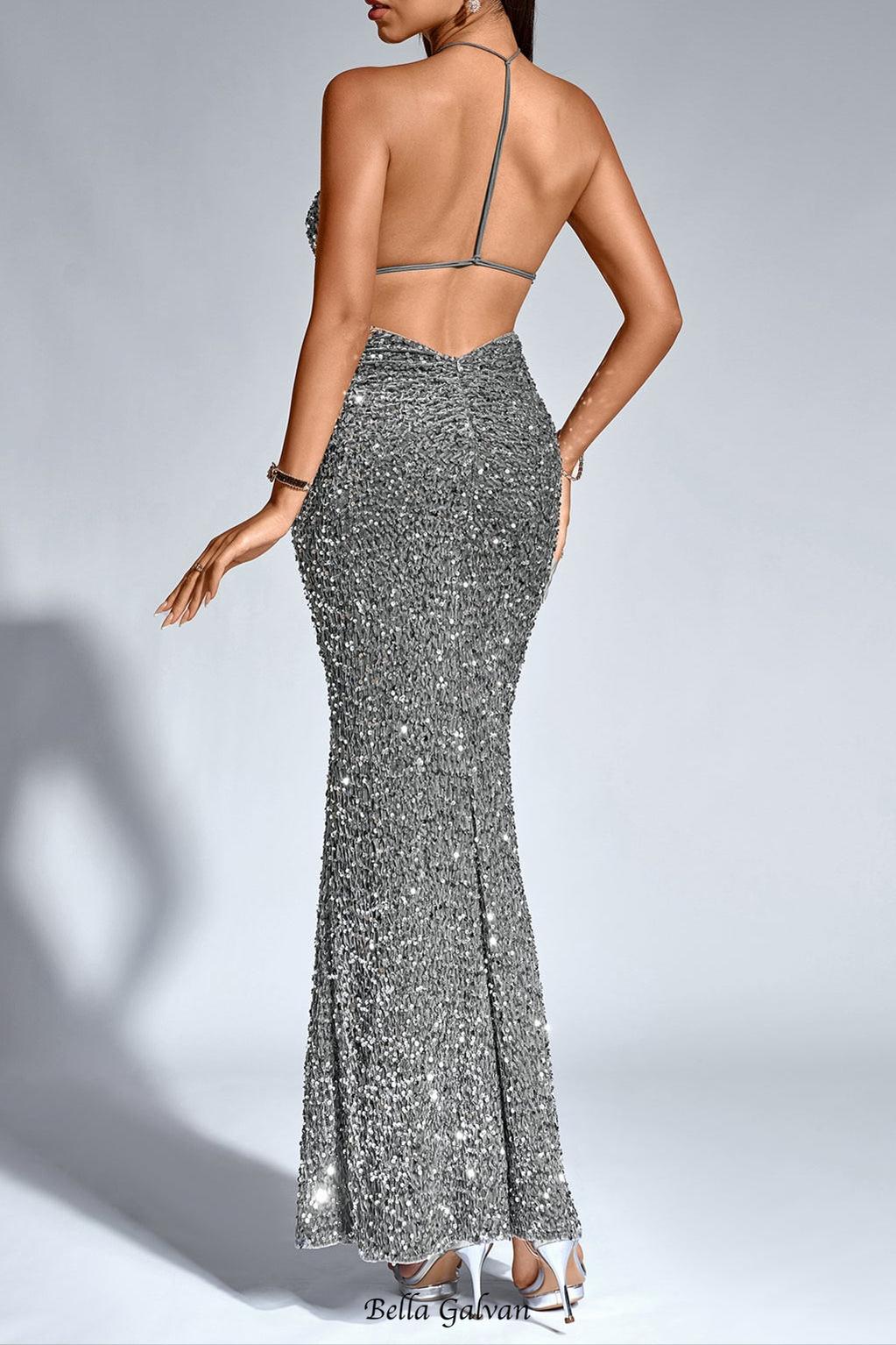 Halter Stereo Flower Sequin Mermaid Dress
