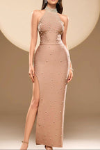 Flowering Girl Women Irene Halter Pearl Embellished Maxi Dress In Nude