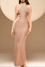 Flowering Girl Women Irene Halter Pearl Embellished Maxi Dress In Nude
