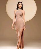 Flowering Girl Women Irene Halter Pearl Embellished Maxi Dress In Nude