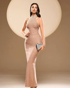 Flowering Girl Women Irene Halter Pearl Embellished Maxi Dress In Nude