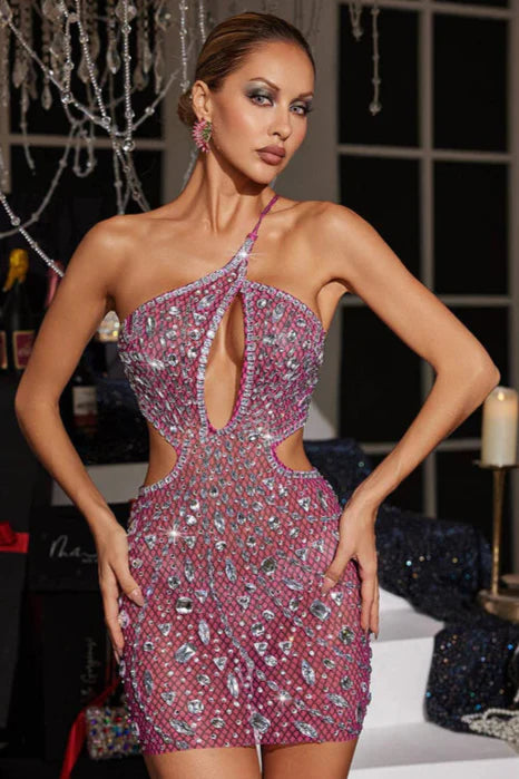 Flowering Girl Women Hanne Backless Rhinestone Mesh Mini Dress In Pink
