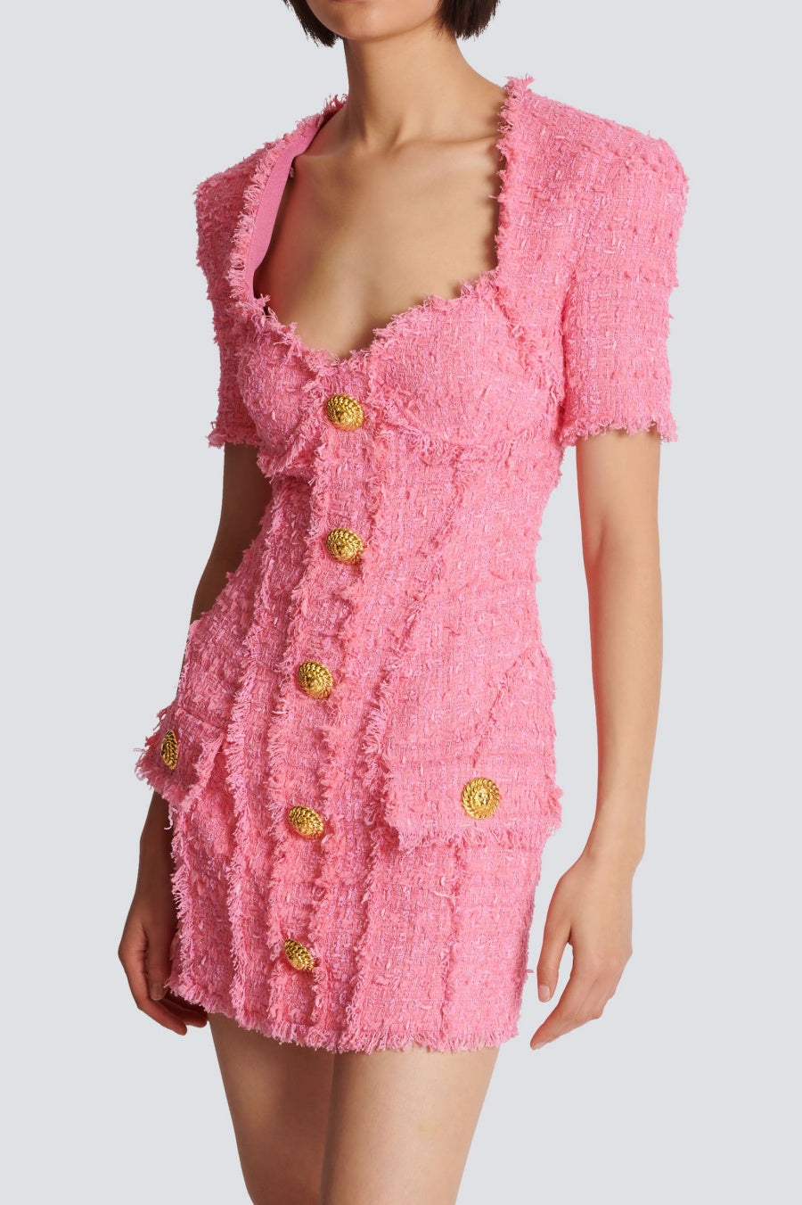 Flowering Girl Women Selena Pink Tweed Mini Dress With 7-Buttons