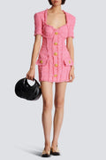 Flowering Girl Women Selena Pink Tweed Mini Dress With 7-Buttons